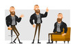 © GB_Art - Cartoon flat funny strong bearded punk hooligan with mohawk in leather jacket. Ready for animation. Boy sitting on sofa and showing attention gesture. Isolated on gray background. Vector icon set.