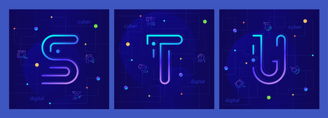 Wall Mural - set of three creative cyber letters s, t, u on stylish digital background. techno modern linear alph