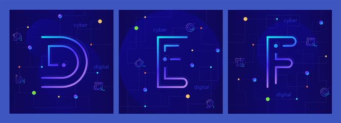 Wall Mural - set of three creative cyber letters d, e, f on stylish digital background. techno modern linear alph
