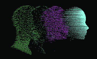Aufkleber - Artificial intelligence concept. Human head with glitched pixels, distorted profile of woman made of square particles.
