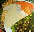 oil on canvas. Oil painting. Gold leaf. Beautiful red hair girl. Based on painting Danae. G. Klimt