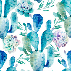 Watercolor exotic seamless pattern mexican cacti succulents on white background. Perfect for cover, wallpaper, packaging.