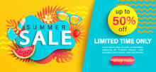 Summer Big Sale Banner, Up To 50 Percent Limited Time Discount, Promotion,hot Season Promo With Tropical Leaves,watermelon,ice Cream On Geometric Background For Shopping, Special Offer Card.Vector