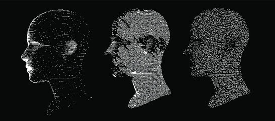Aufkleber - Artificial intelligence and Machine Learning concept. Human head with glitched pixels, distorted profile of a woman made of square particles.
