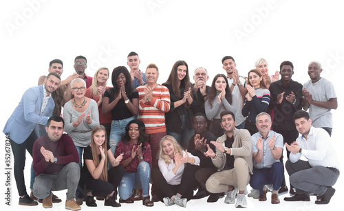 Fotografía large international group of happy people applauding together