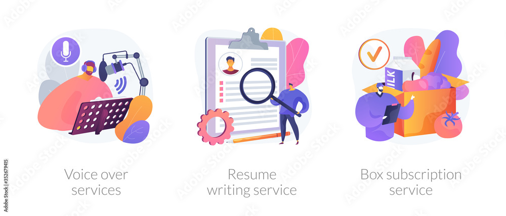 Online based jobs abstract concept vector illustration set. Voice over services, resume writing, box subscription, audio and video production, CV online, box delivery startup abstract metaphor. - obrazy, fototapety, plakaty 