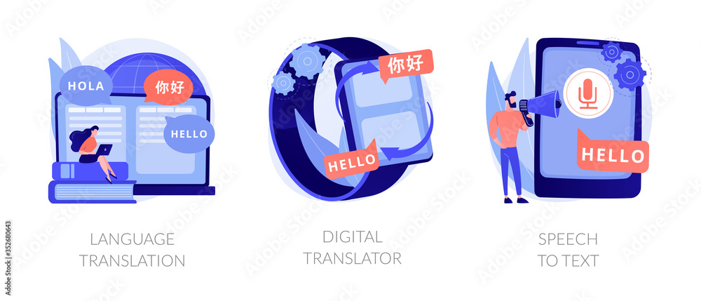 MT mobile application, multilingual communication, voice recognition app. Language translation, digital translator, speech to text metaphors. Vector isolated concept metaphor illustrations. - obrazy, fototapety, plakaty 