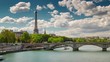 sunny day paris city center riverside bay traffic bridge famous tower timelapse panorama 4k france