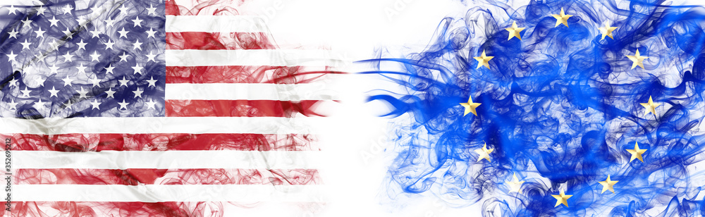 American and European flag in smoke on white background. Concept of conflict and customs duty. America VS Europe metaphor. Dollar Euro exchange currency and international commercial tension and crisis - obrazy, fototapety, plakaty 