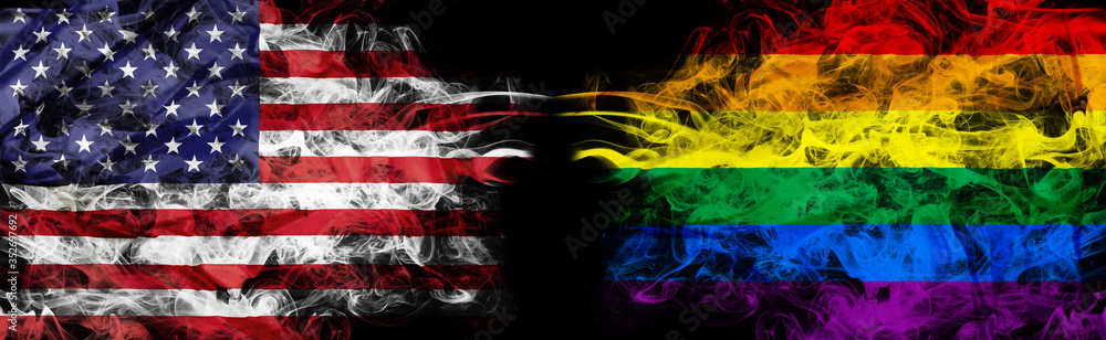 American flag and rainbow flag in smoke shape on black background. Concept of conflict and LGBT rights. America VS LGBT community metaphor. Tension and crisis for civil right and gay pride. - obrazy, fototapety, plakaty 