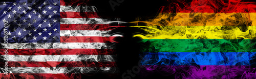 American flag and rainbow flag in smoke shape on black background Tableau sur Toile