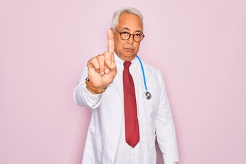 Sticker - Middle age senior grey-haired doctor man wearing stethoscope and professional medical coat Pointing with finger up and angry expression, showing no gesture