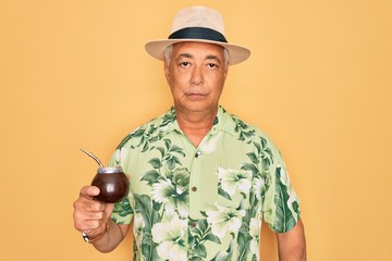 Wall Mural - Middle age senior grey-haired man wearing summer hat drinking traditional mate drink with a confident expression on smart face thinking serious