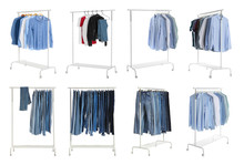 Set Of Wardrobe Racks With Different Clothes On White Background