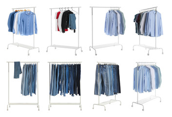 Wall Mural - Set of wardrobe racks with different clothes on white background