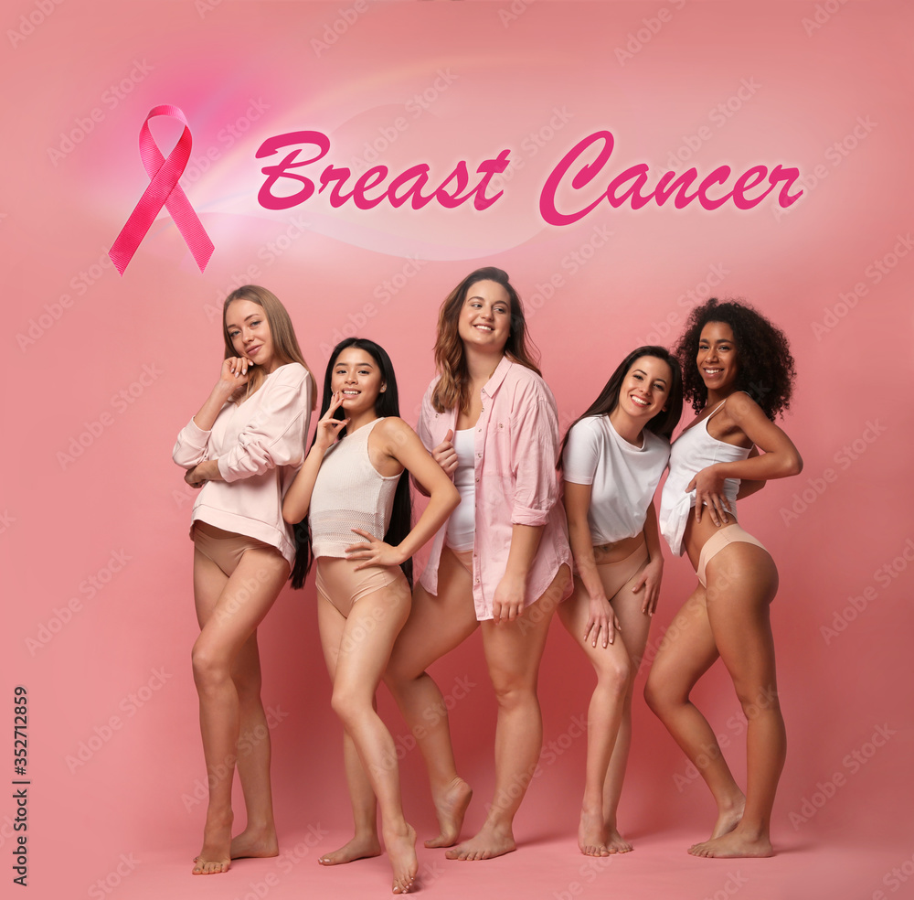 Breast cancer awareness. Group of women in underwear on pink background - obrazy, fototapety, plakaty 