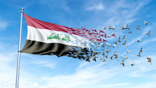 Iraq Flag On A Pole Turn To Birds While Waving Against A Blue Sky Background - 3D Illustration.