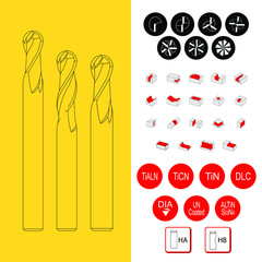 Drawing of solid carbide end mill for cnc machine. solid carbide end mill cutter. 2, 3, 4, 5, 6, 8, fluted