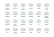 Vector line icon set of men's shirt collar styles, editable strokes. Illustration for style guide of formal male dress code for menswear store. Different collar models: tuxedo, spread, button down.