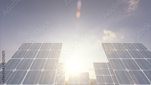 Solar panels 3D in the evening sunset background. Solar cell farm power plant. concept of clean energy, green energy, renewable energy and sustainable Resources