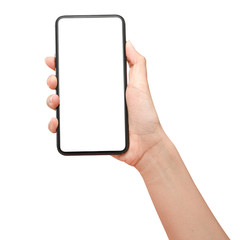 Hand holding phone isolated on white background with clipping path.