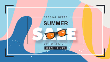 Summer sale design with wave background layout banners .Orange sunglasses concept.voucher discount.Vector illustration template.