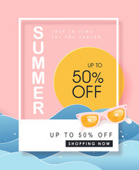 Wall Mural - summer sale design with paper cut tropical beach bright color background layout banners .orange sung
