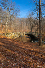 Boulder Bridge In Rock Creek Park, Washington, DC, On A Sunny Winter Day With Brown Leafs In Foreground