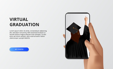 Wall Mural - Virtual graduation for quarantine time at covid-19. woman use gown and graduation cap for graduate from school or campus. hand holding phone for live streaming.