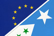 European Union or EU and Galmudug national flag from textile. Symbol of the Council of Europe association.