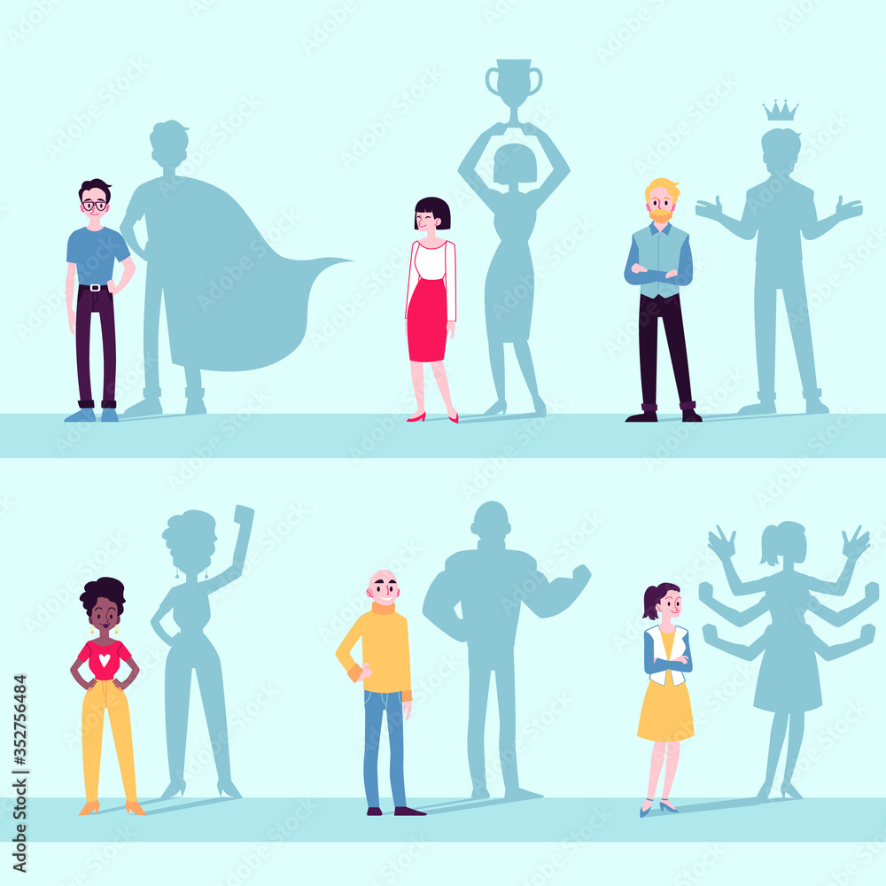 Motivated people icon set with superhero shadow flat vector ...