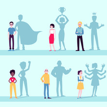 Motivated People Icon Set With Superhero Shadow Flat Vector Illustration Isolated.