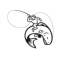 Wall Mural - Fly Fisherman Riding Trout Fish Cartoon Black and White