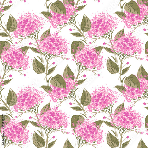 Hortensia Flowers Seamless Pattern. Hand Drawn Floral Background.