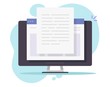 © Elena - Writing text document content online vector on desktop computer or creating essay or book on pc flat cartoon illustration, copywriting or web text file editing concept, reading blog article idea