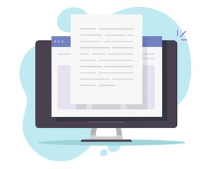 Writing text document content online vector on desktop computer or creating essay or book on pc flat cartoon illustration, copywriting or web text file editing concept, reading blog article idea