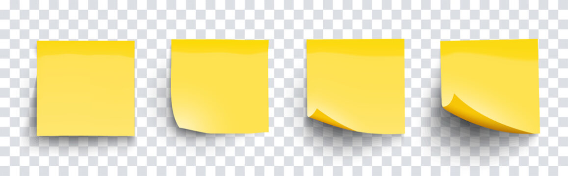 realistic set sticky note yellow colors isolated on transparent background. mockup blank yellow stic