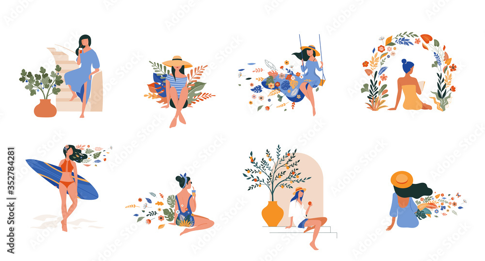 Vacation mood, feminine concept illustration, beautiful women in different situations, on the beach, sitting near the pool, reading books. Flat style vector design - obrazy, fototapety, plakaty 