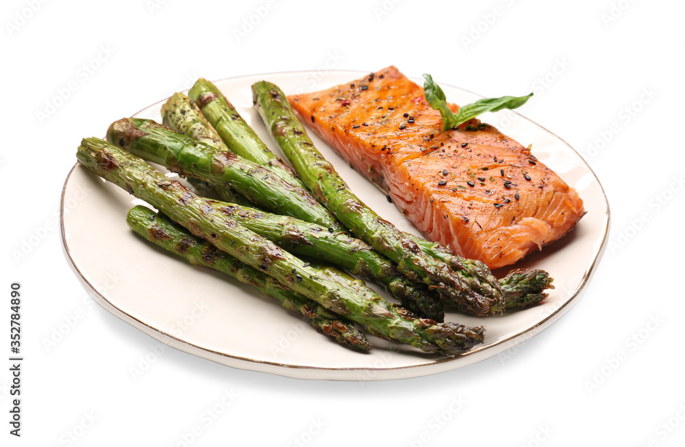 Cooked asparagus with salmon on white background