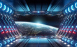 Blue and red futuristic spaceship interior with window view on planet Earth 3d rendering