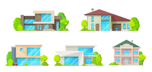 Sticker - Houses, cottages, villas and bungalow isolated vector icons set. Residential home buildings, real estate cartoon exterior facades, family home architecture, house or mansion apartments, urban property