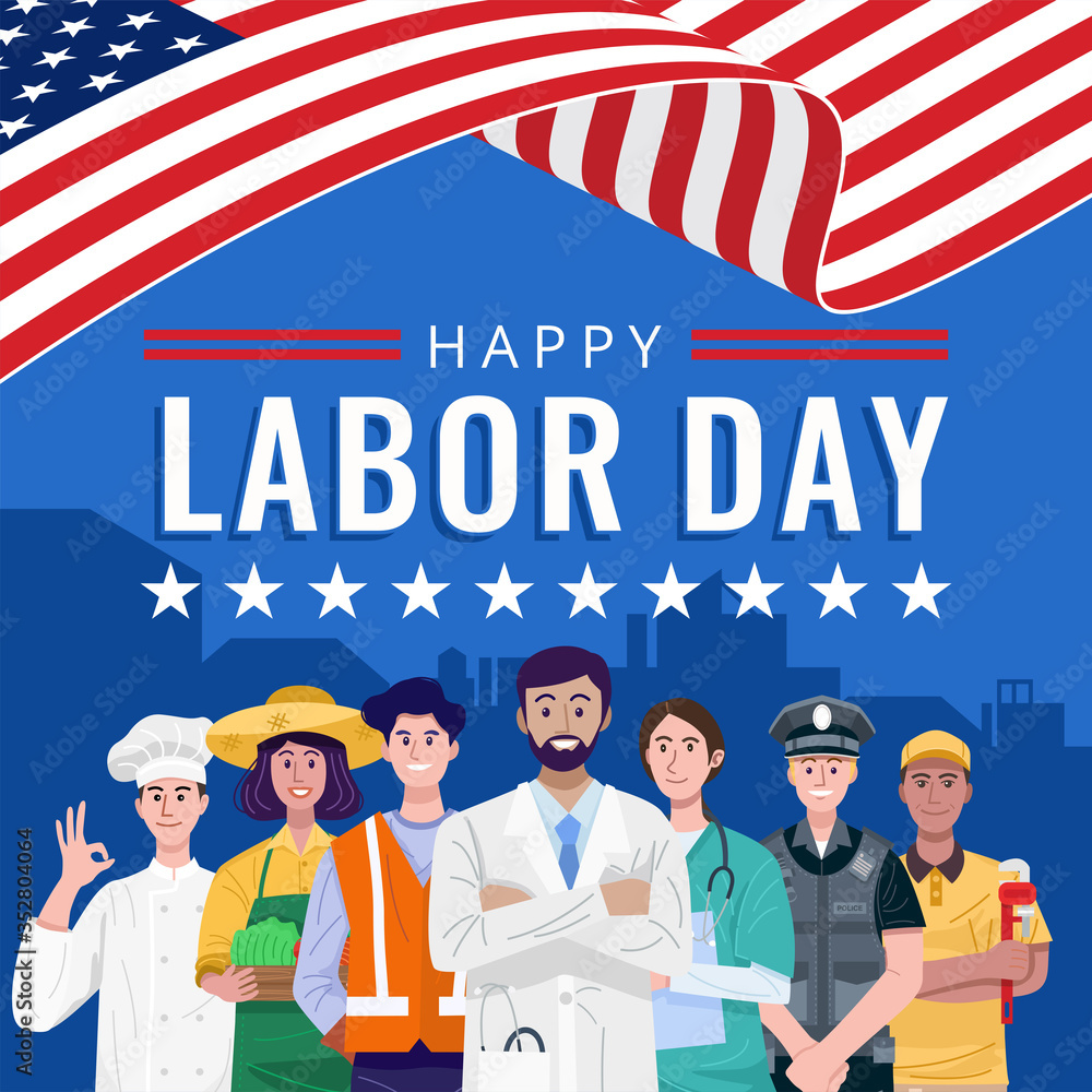 Happy Labor Day. Various occupations people standing with American flag. Vector - obrazy, fototapety, plakaty 