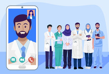 Digital Health Concept, Illustration Of Doctors And Nurse Using A Smart Phone For Consulting Patient Online, Vector