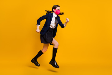 Sticker - Full length body size view of her she nice attractive purposeful focused schoolgirl jumping wearing mask running fast hurry rush isolated over bright vivid shine vibrant yellow color background