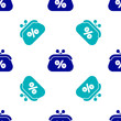 © Kostiantyn - Blue Purse money percent icon isolated seamless pattern on white background. Percent loyalty wallet sign. Vector Illustration