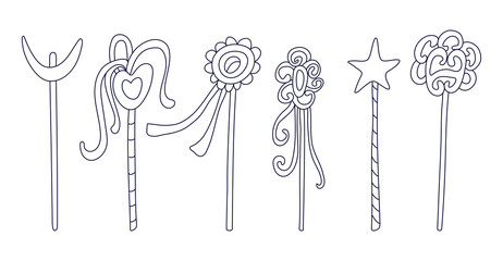 Set of magic wand decorated with ribbons, flowers, heart, star in doodle style. Hand drawn vector illustration in black ink isolated on white background.  Great for coloring book.