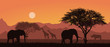 Flat design illustration of african landscape with silhouettes of safari animals. Elephant and rhino under the trees. Grazing giraffes under the orange sky, vector