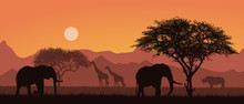 Flat Design Illustration Of African Landscape With Silhouettes Of Safari Animals. Elephant And Rhino Under The Trees. Grazing Giraffes Under The Orange Sky, Vector