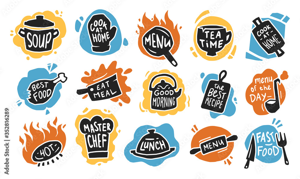 Food typography flat icon set. Graphic chalk logo, emblems and badges for recipe, menu, bar, bistro or cafe isolated vector illustration collection. Kitchen and restaurant concept - obrazy, fototapety, plakaty 