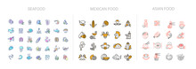 Vector Icon And Logo Collection For Asian, Japan Food Seafood And Mexican. Delivery Food. Editable Outline Stroke Size. Line Flat Contour, Thin And Linear Design. Simple Icons. Sign, Symbol